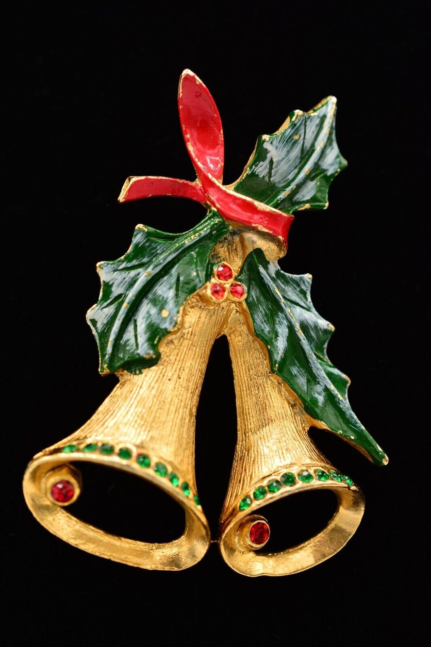 Vintage Christmas Bells Pin Brooch Gold Rhinestone Crystal Green Enamel BinV